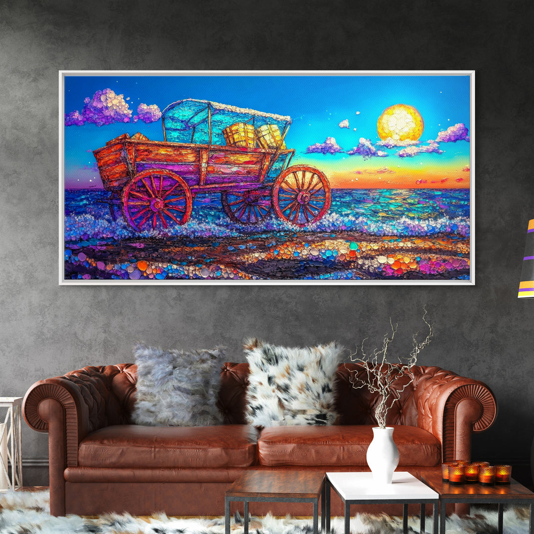 Rustic Wooden Wagon By Moonlit Ocean Wall Art, Coastal Farmhouse Decor, Country Landscape Art, Beach House Decor Gift For Her