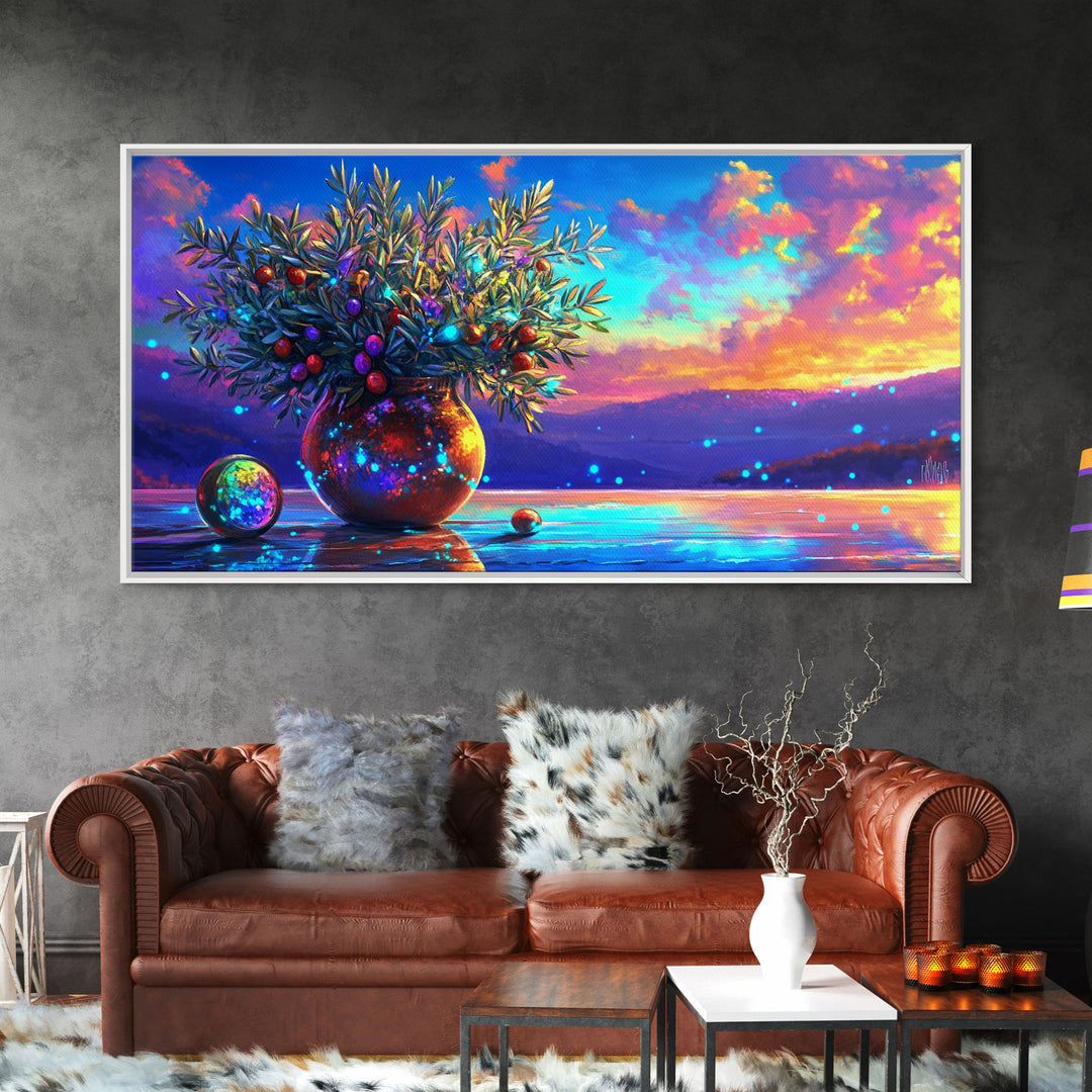 Mediterranean Olive Branches In Glowing Vase Wall Art, Italian Coastal Decor, Kitchen Wall Art, Lake Como Inspired Gift For Her