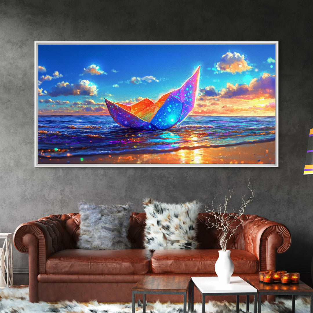 Glowing Origami Paper Boat At Sunset Canvas Print, Coastal Wall Art, Ocean Wall Art, Beach House Decor, Modern Seascape Art