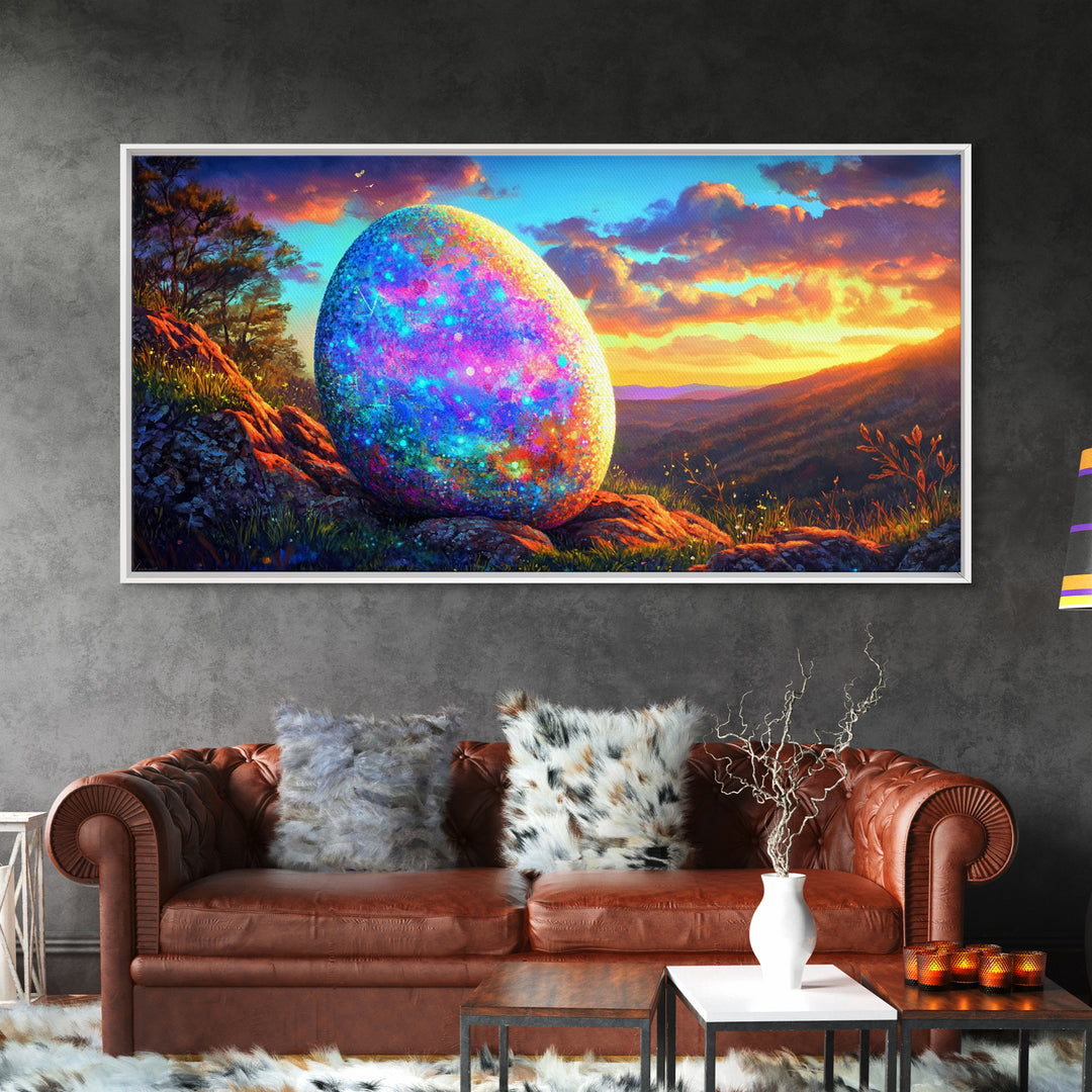 Glittering Easter Egg Mountain Sunset Canvas Print, Whimsical Wall Art, Spring Decor, Fantasy Landscape, Colorful Wall Art