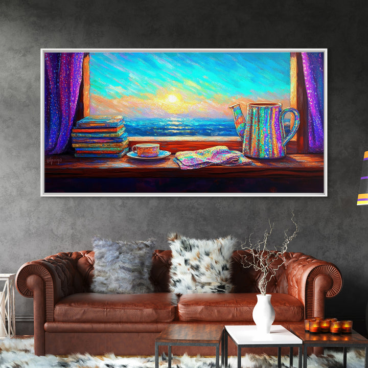 Ocean View Books And Tea By Window Canvas Print, Coastal Wall Art, Reading Nook Decor, Beach House Decor, Cozy Wall Art For Her