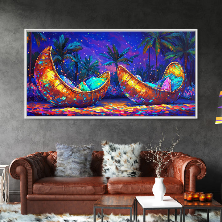 Glowing Crescent Moon Hammocks Under Palms Framed Canvas Print, Tropical Wall Art For Boho Bedroom Decor And Summer Home Decor
