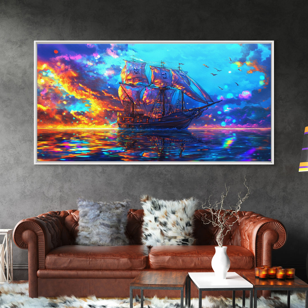 Tall Sailing Ship At Fiery Sunset Framed Canvas Print, Nautical Wall Art For Coastal Decor Ocean Wall Decor And Seascape