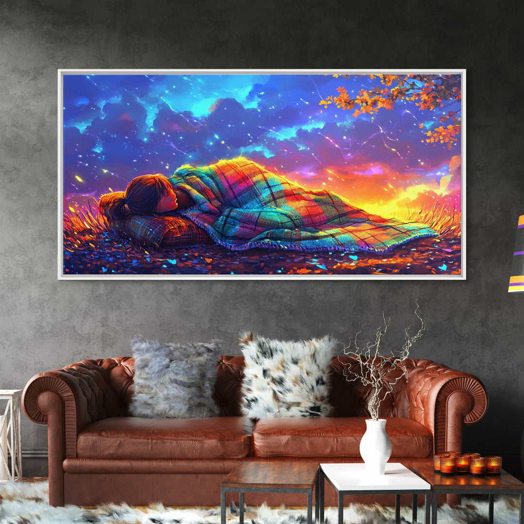 Sleeping Under Rainbow Blanket At Sunset Framed Canvas Print, Cozy Wall Art For Bedroom Decor, Calming Landscape Wall Art