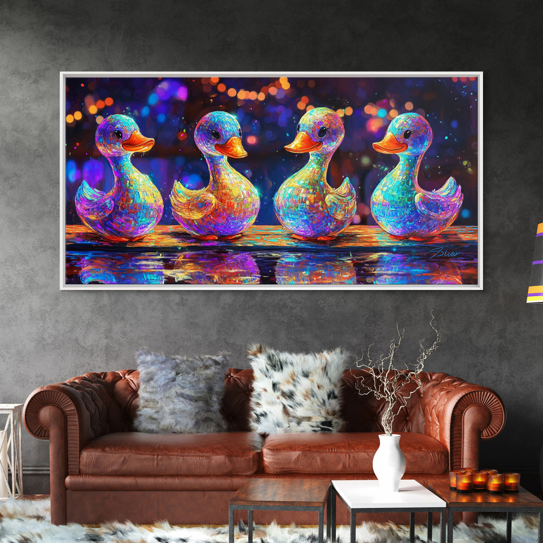 Four Rainbow Rubber Ducks In A Row Canvas Print, Whimsical Animal Wall Art For Bathroom Decor And Kids Room Decor Gift Idea