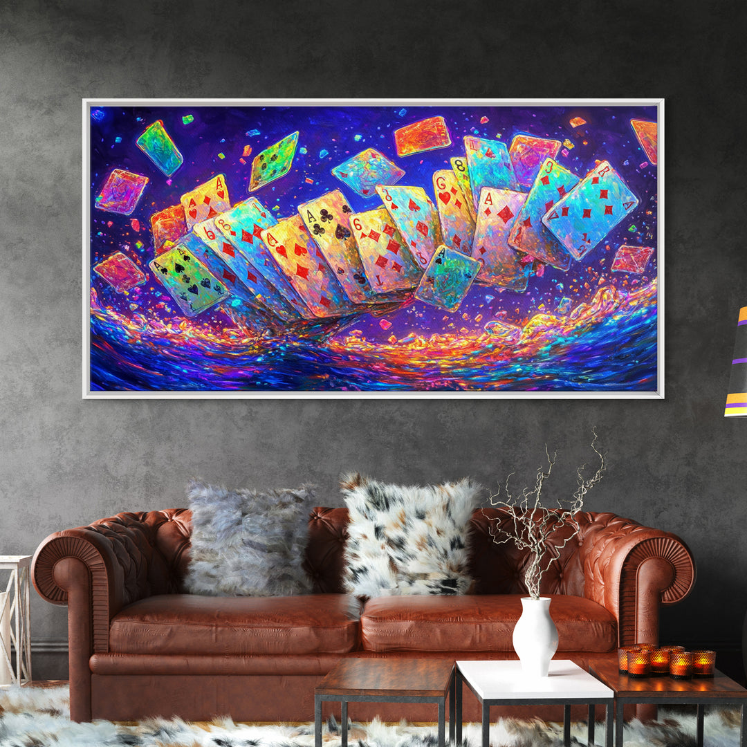 Exploding Neon Playing Cards Canvas Print, Game Room Wall Art, Poker Wall Art, Man Cave Decor, Maximalist Home Decor Gift