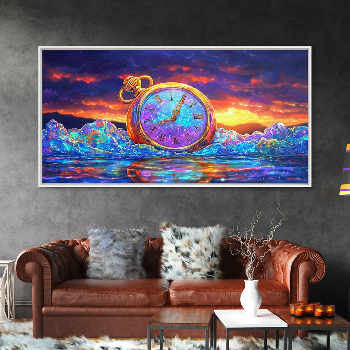 Golden Pocket Watch In Icy Sea Framed Canvas Print, Surreal Wall Art, Steampunk Decor, Time Traveler Fantasy Art Home Decor Gift