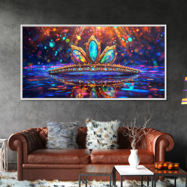 Jeweled Tiara With Rainbow Reflections Framed Canvas Print, Princess Wall Art, Glam Wall Decor, Feminine Gift For Her, Bedroom Decor