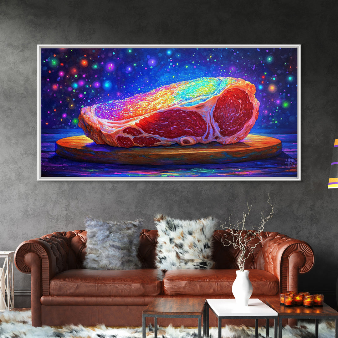 Rainbow Steak On Wooden Board Canvas Print, Bold Food Wall Art, Kitchen Decor, Restaurant Poster, Gift For Chef Or Foodie