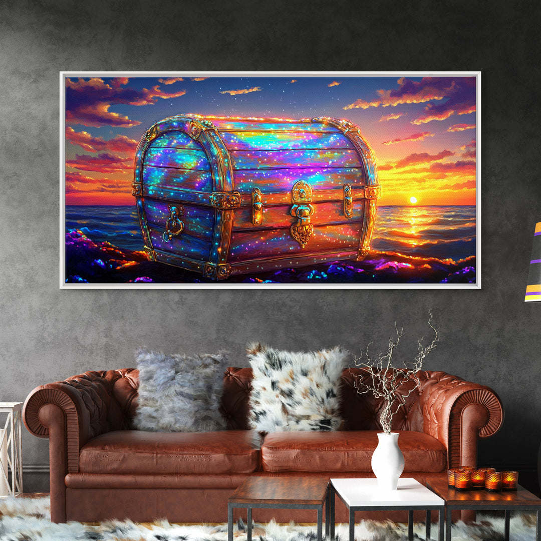 Glowing Treasure Chest At Ocean Sunset Canvas Print, Fantasy Wall Art, Coastal Decor, Adventure Gift, Beach House Decor Art