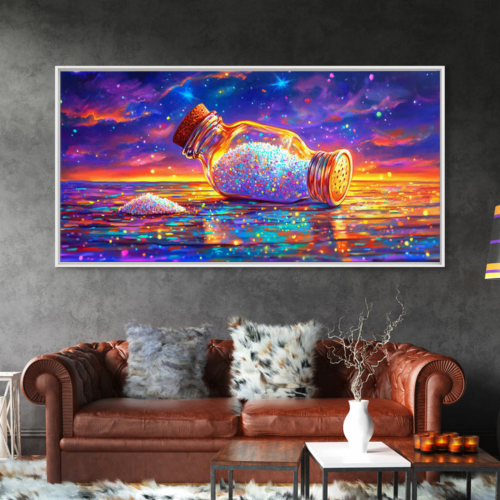 Sparkling Salt Bottle At Sunset Canvas Print, Coastal Kitchen Wall Art, Colorful Seascape Decor, Foodie Housewarming Gift