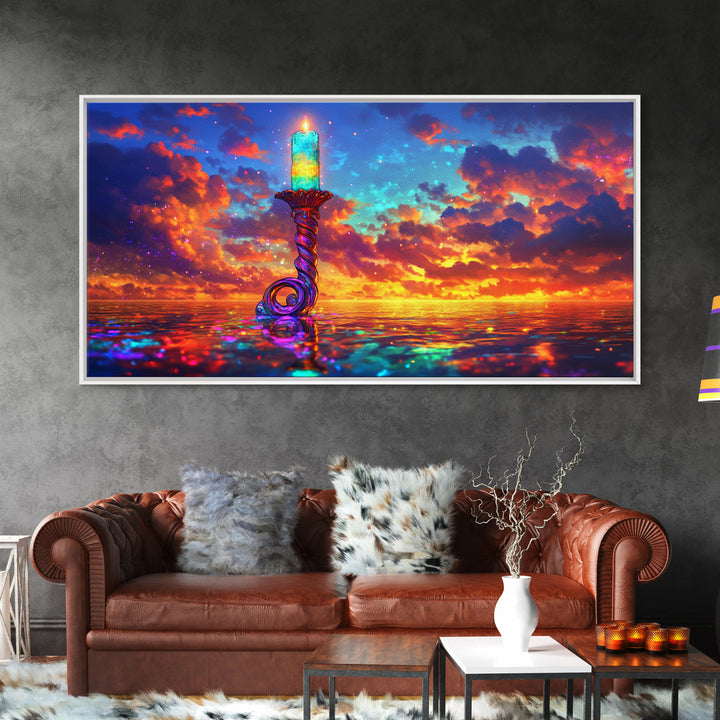 Glowing Candle Over Sunset Ocean Wall Art, Coastal Seascape Painting, Spiritual Home Decor, Calming Living Room Wall Decor