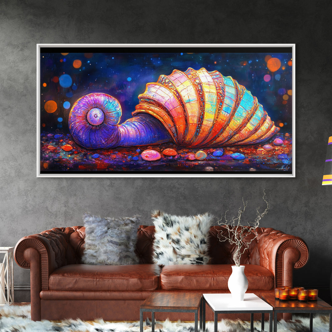 Glowing Spiral Seashell On Pebble Shore Canvas Print, Nautical Coastal Wall Art, Beach House Decor, Ocean Life Art Print