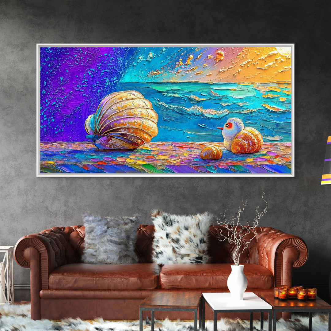 Bright Seashells And Tiny Bird By Turquoise Waves Framed Canvas Print, Coastal Wall Art, Beach House Decor, Ocean Painting