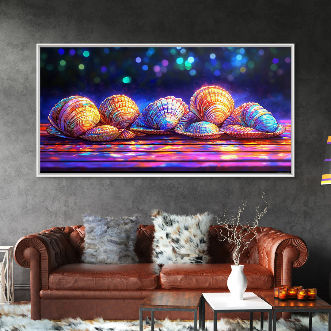 Glowing Clam Shells On Neon Table Canvas Print, Colorful Coastal Wall Art, Beach House Decor, Nautical Gallery Wall Art