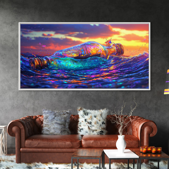 Tiny Ship In Glass Bottle Riding Ocean Waves Wall Art, Nautical Seascape Decor, Coastal Canvas Print, Travel Gift For Him