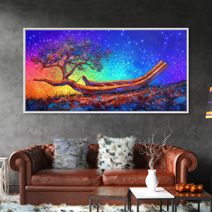 Wooden Canoe With Tree Under Stars Canvas Print, Whimsical Wall Art, Nature Wall Decor, Celestial Art, Unique Gift, Home Decor