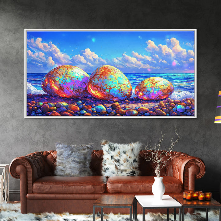 Iridescent Pebbles On Sunny Beach Canvas Print, Coastal Wall Art, Ocean Art Print, Beach House Decor, Colorful Nature Art
