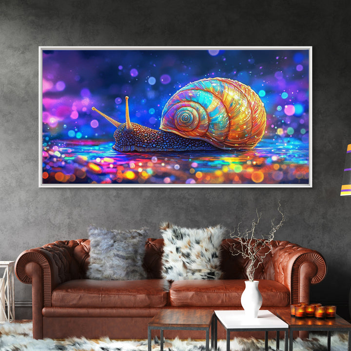 Glowing Rainbow Snail On Wet Ground Wall Art, Whimsical Animal Art Print, Nature Wall Art, Dopamine Decor, Unique Gift For Her
