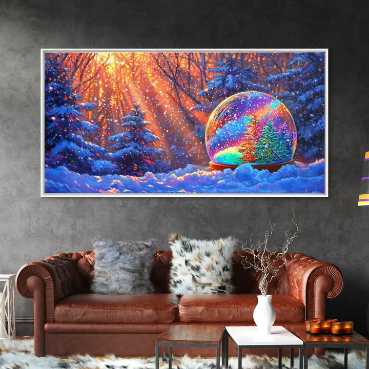 Snow Globe With Rainbow Winter Forest Wall Art, Christmas Decor, Cozy Wall Art, Winter Landscape Print, Whimsical Home Decor