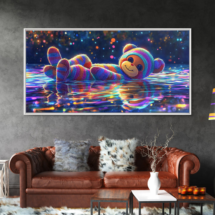 Rainbow Plush Teddy Bear On Reflective Water Wall Art, Cute Kids Room Art, Nursery Wall Art, Dopamine Decor, Baby Gift For Her