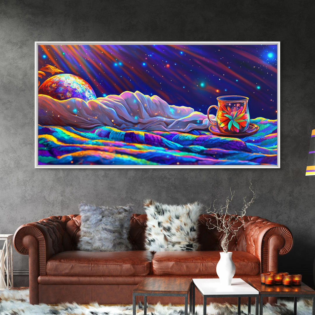Celestial Bed And Tea Cup Under Stars Canvas Print, Cozy Bedroom Wall Art, Moon And Stars Decor, Dreamy Nursery Decor, Gift For Her