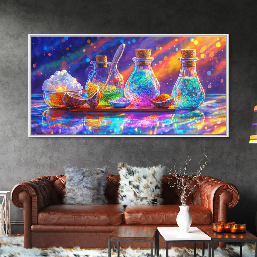 Rainbow Glass Spice Bottles With Salt And Citrus Canvas Print, Kitchen Wall Art, Colorful Decor, Food Art, Housewarming Gift