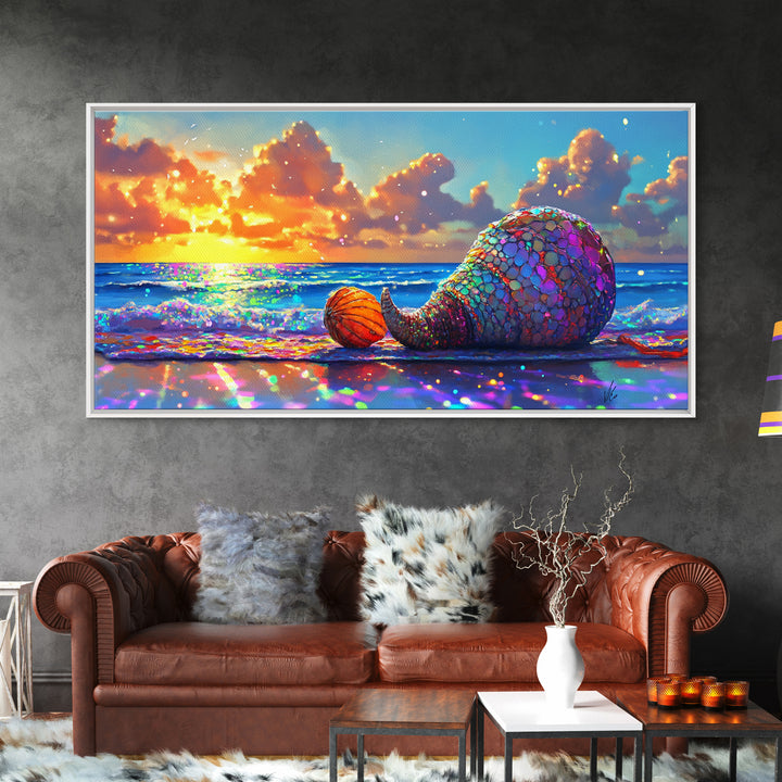 Mosaic Mermaid Tail Seashell At Ocean Sunset Canvas Print, Coastal Wall Art, Beach House Decor, Nautical Decor, Gift For Her
