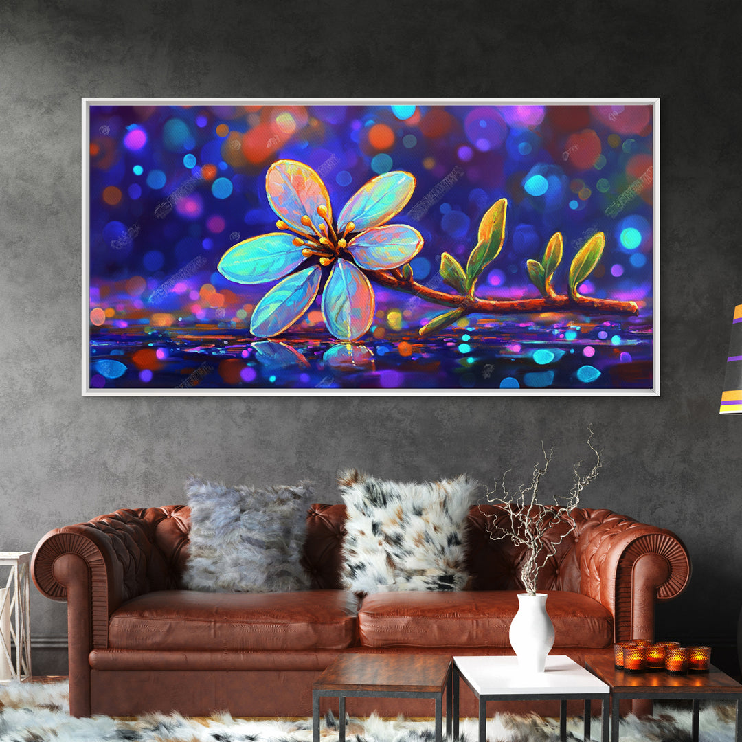 Delicate Blue Flower Branch With Bokeh Lights Canvas Print, Botanical Wall Art, Floral Wall Decor, Nature Art, Gift For Her