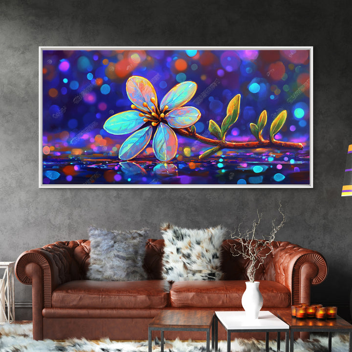 Delicate Blue Flower Branch With Bokeh Lights Canvas Print, Botanical Wall Art, Floral Wall Decor, Nature Art, Gift For Her