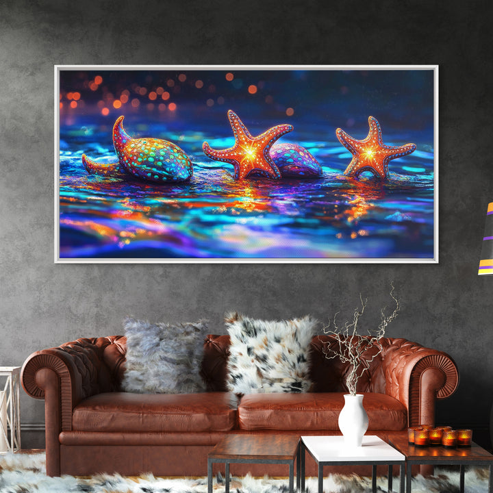 Glowing Starfish And Seashells On Neon Tide Canvas Print, Coastal Wall Art, Ocean Decor, Beach House Gift For Her, Living Room Decor