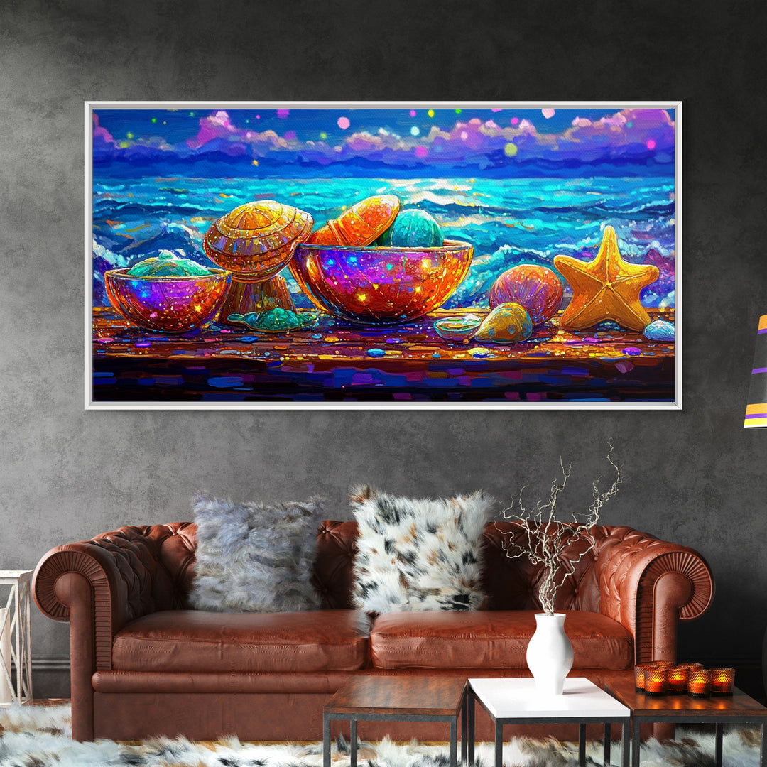 Rainbow Seashells And Starfish By Ocean Canvas Print, Coastal Wall Art, Beach House Decor, Nautical Living Room Art, Ocean Wall Decor