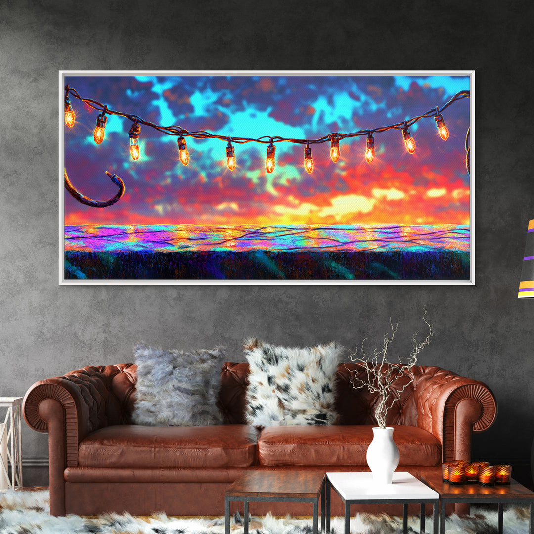String Lights Over Sunset Patio Canvas Print, Outdoor Wall Art, Patio Decor, Rustic Home Decor, Summer Wall Decor, Gift For Her