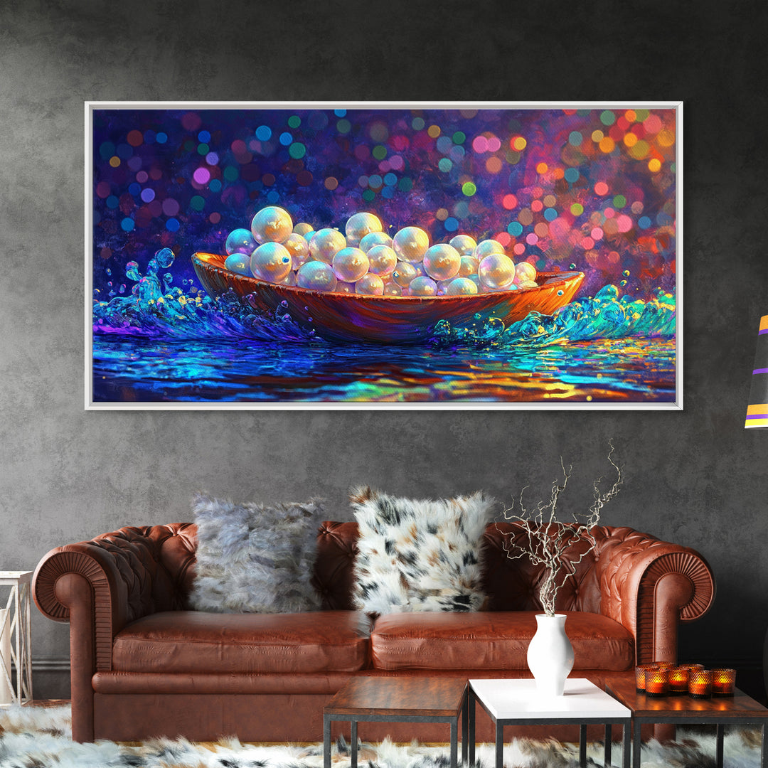 Glowing Pearls In Wooden Bowl Canvas Print, Coastal Wall Art, Ocean Decor, Elegant Bathroom Art, Luxury Home Decor, Gift For Her