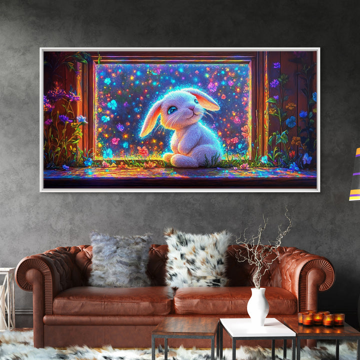 Glowing Bunny In Flower Window Canvas Print, Whimsical Wall Art, Nursery Decor, Kids Room Art, Cute Animal Gift, Baby Room Decor