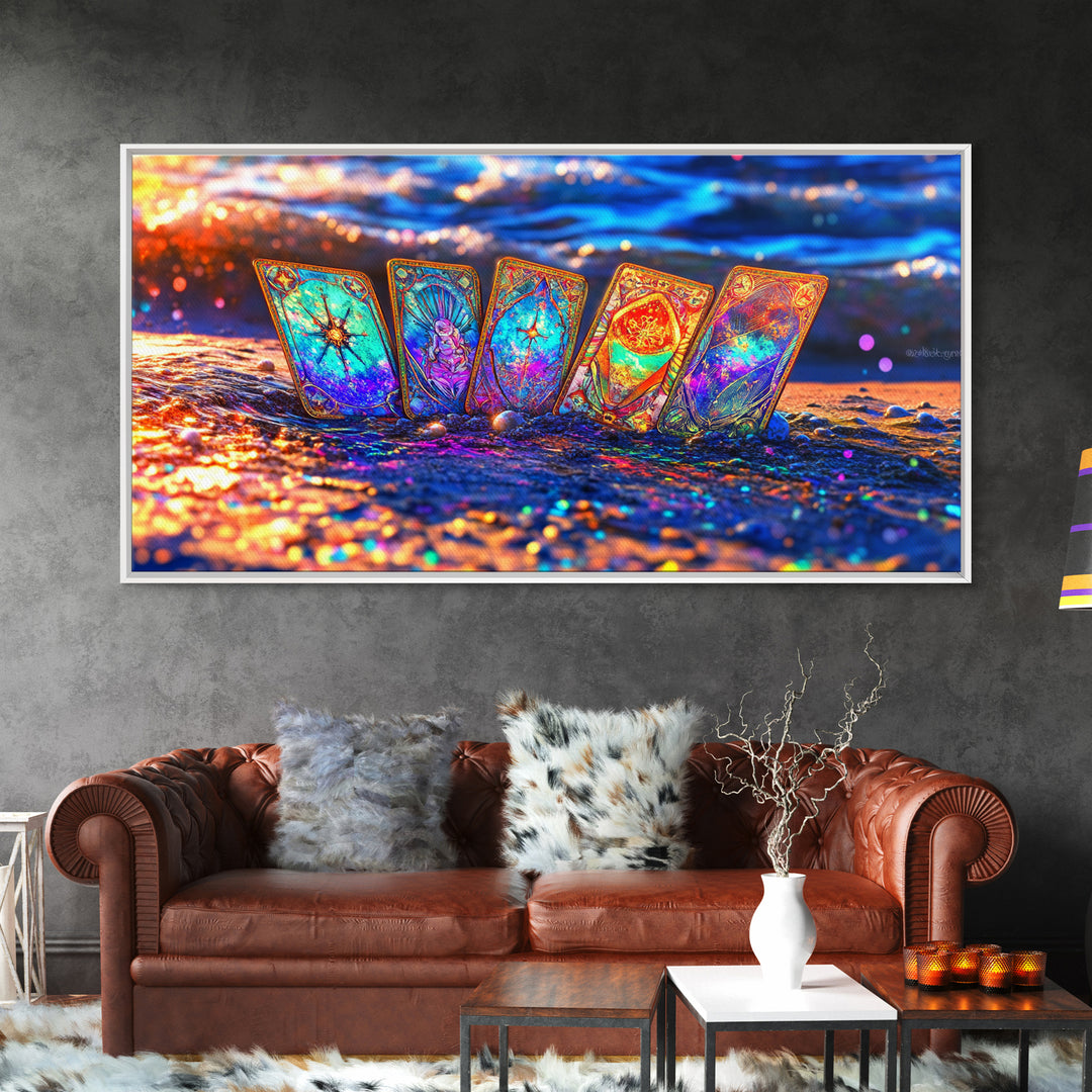 Glowing Tarot Cards On Ocean Shore Wall Art, Celestial Coastal Decor, Mystical Canvas Print, Witchy Gift For Her, Beach House Decor