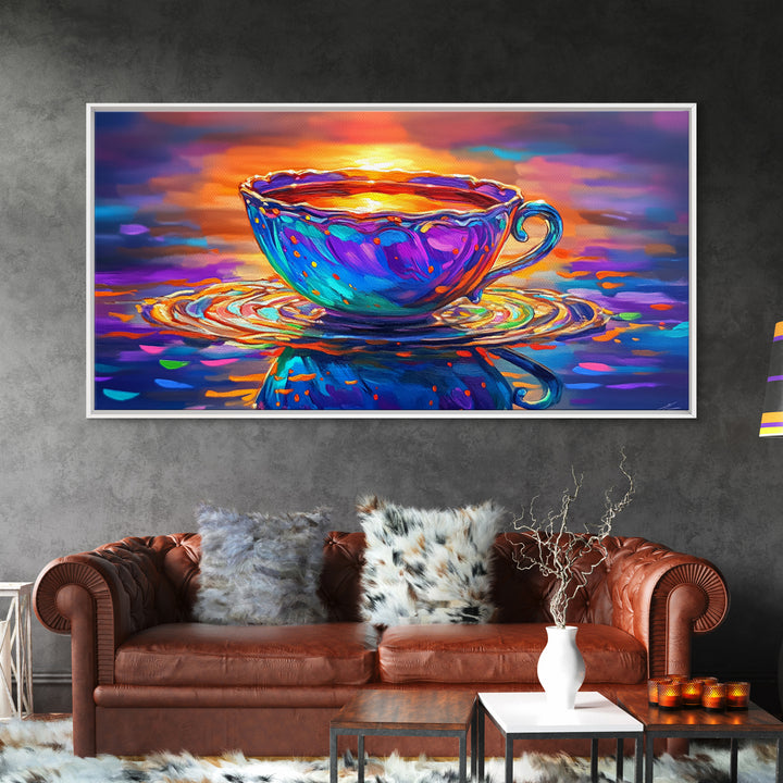 Vibrant Teacup At Sunset Reflection Framed Canvas Print, Cozy Kitchen Wall Art, Coffee Bar Decor, Gift For Tea Lover, Home Decor
