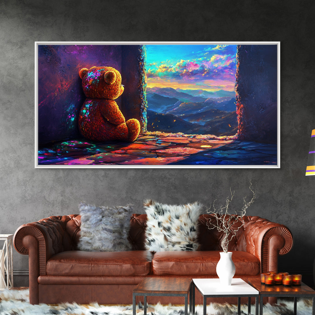 Teddy Bear Watching Mountain Sunset Wall Art, Whimsical Nursery Decor, Cozy Bedroom Canvas Print, Gift For Kids Room Wall Decor