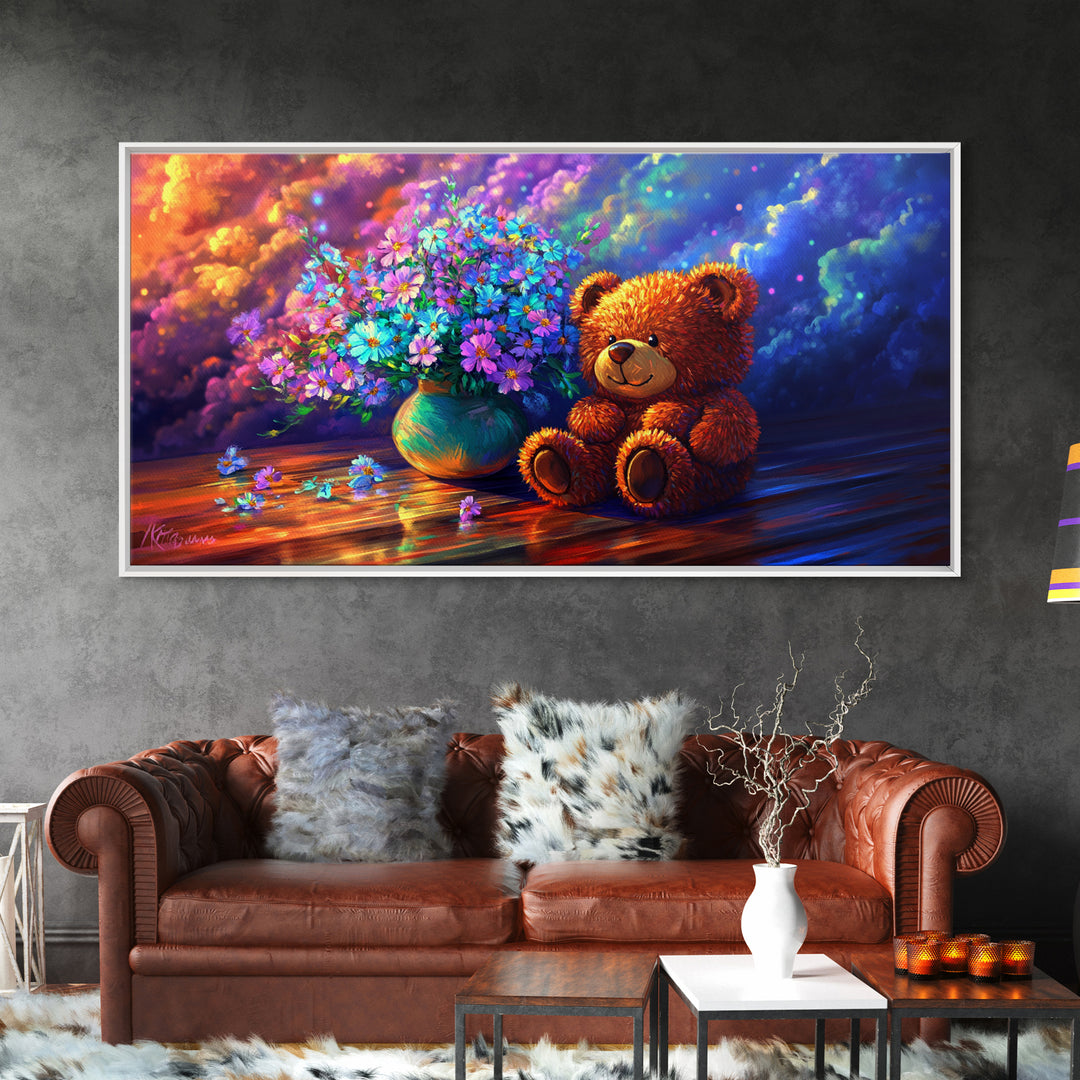 Smiling Teddy Bear With Colorful Wildflowers Canvas Print, Whimsical Nursery Wall Art, Kids Room Decor, Baby Shower Gift