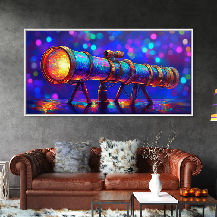 Rainbow Telescope With Cosmic Bokeh Wall Art, Astronomy Decor, Space Lover Canvas Print, Science Poster Gift For Him, Home Office Decor