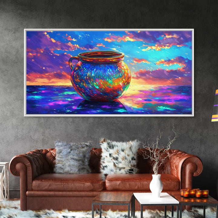 Iridescent Cauldron By Ocean Framed Canvas Print, Colorful Coastal Wall Art, Fantasy Seascape, Beach House Decor Gift Idea