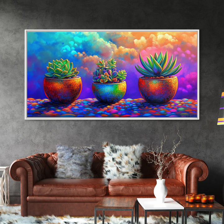 Three Rainbow Succulents Canvas Print, Colorful Botanical Wall Art, Boho Plant Decor, Living Room Art, Housewarming Gift