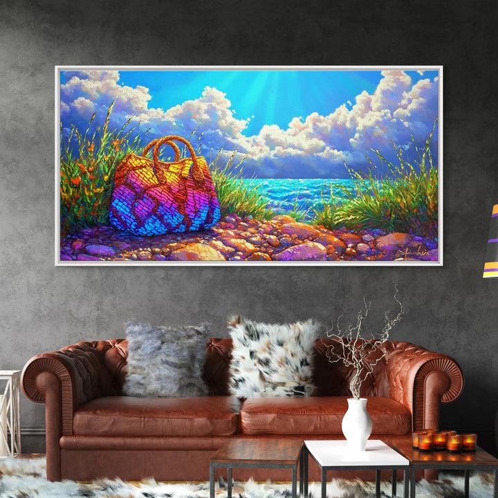 Rainbow Woven Beach Bag Wall Art, Coastal Canvas Print, Beach House Decor, Summer Ocean Art, Tropical Home Decor Gift Idea
