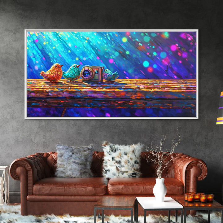 Three Colorful Birds With Camera Wall Art, Whimsical Animal Canvas Print, Bird Lover Gift, Nursery Decor, Gallery Wall Art