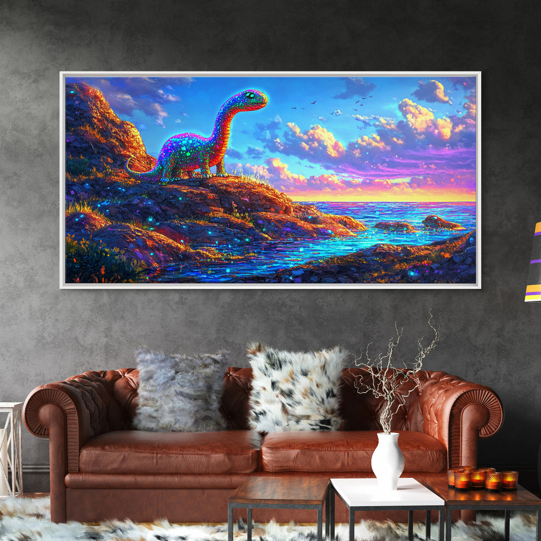 Sparkling Rainbow Dinosaur By Ocean Sunset Wall Art, Colorful Kids Room Decor, Whimsical Nursery Art, Coastal Fantasy Gift