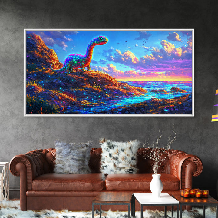 Sparkling Rainbow Dinosaur By Ocean Sunset Wall Art, Colorful Kids Room Decor, Whimsical Nursery Art, Coastal Fantasy Gift