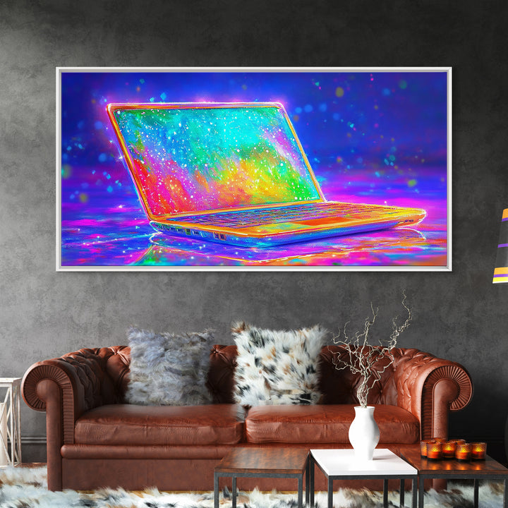 Neon Rainbow Laptop Canvas Print, Cyberpunk Office Wall Art, Tech Art, Gamer Room Decor, Futuristic Home Office Decor, Gift