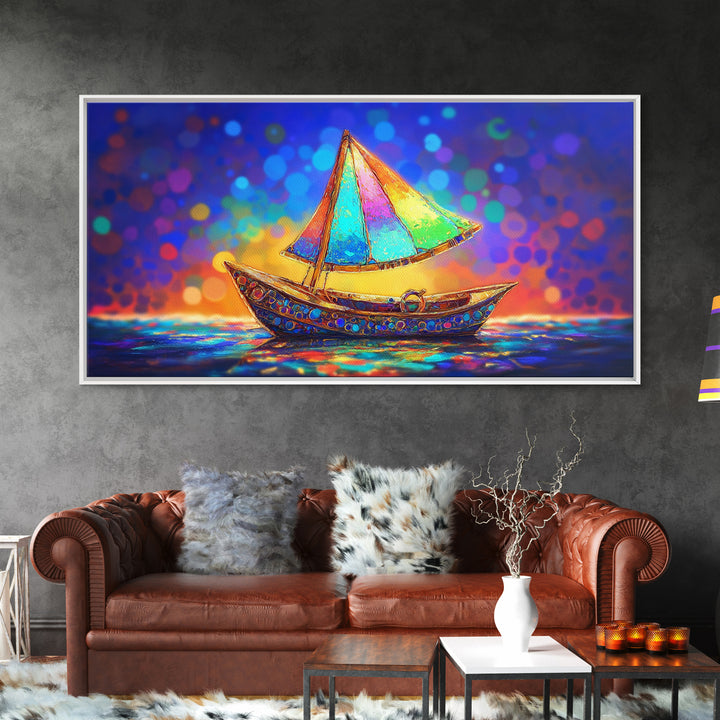 Glowing Rainbow Sailboat Canvas Print, Nautical Wall Art, Coastal Wall Decor, Ocean Nursery Decor, Beach House Decor, Seaside Art