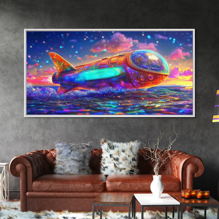 Rainbow Rocket Submarine Canvas Print, Futuristic Ocean Wall Art, Sci Fi Wall Decor, Space Lover Gift, Coastal Nursery Art