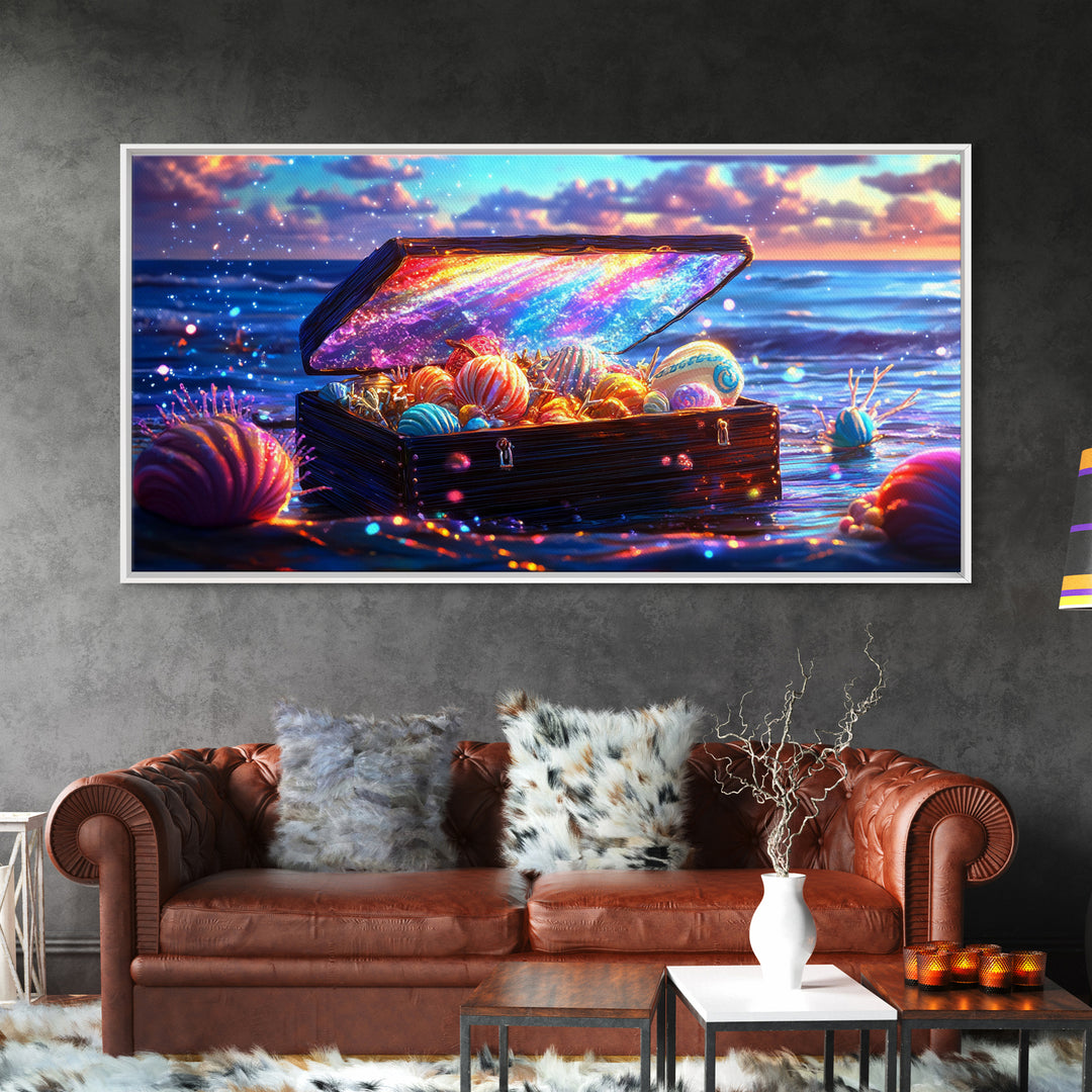 Glowing Sea Treasure Chest With Seashells Canvas Print, Coastal Wall Art, Beach House Decor, Ocean Art, Fantasy Gift, Home Decor